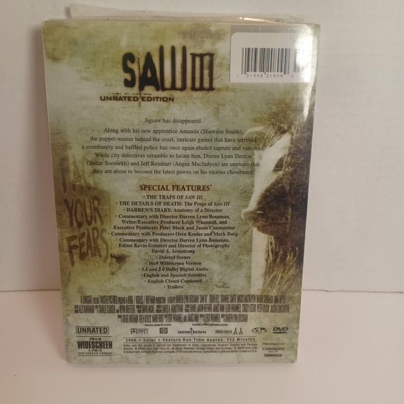 SAW 3 UNRATED EDITION (DVD, 2006) w/ Slipcover ~ Horror - Picture 2 of 4